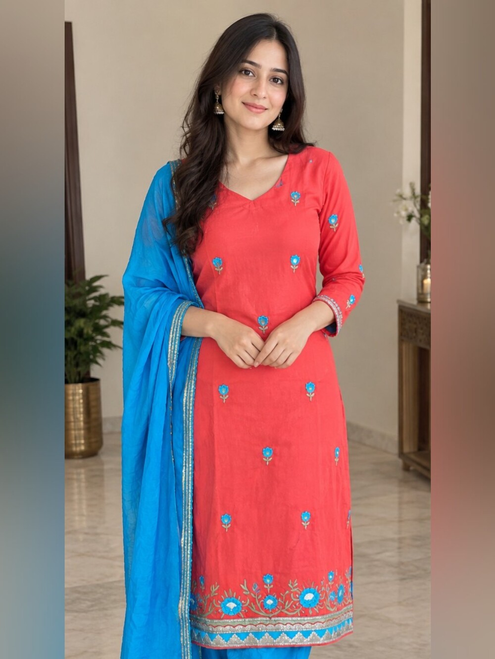 Pinkish-Red Embroidered V-Neck Kurta with Blue Dupatta